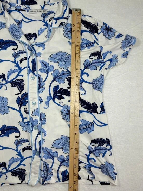 Amanda Blu "Blu Acanthus Leaf" Pajama Set Blue Floral Button Down Small - Picture 5 of 8